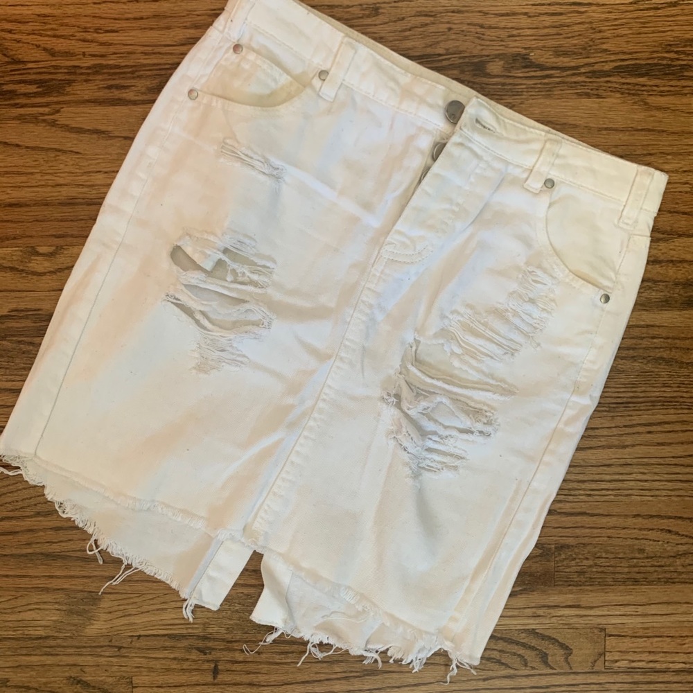 Distressed White Jean Skirt